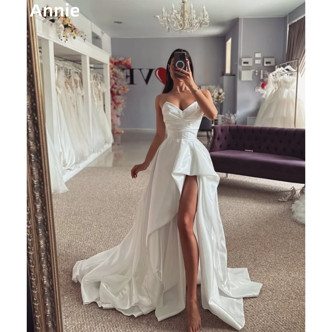 

Annie Gorgeous White Prom Dresses Satin high And Low Side Slits Evening Dresses Sexy Strapless Lady Vestidos De FiestaCustomized