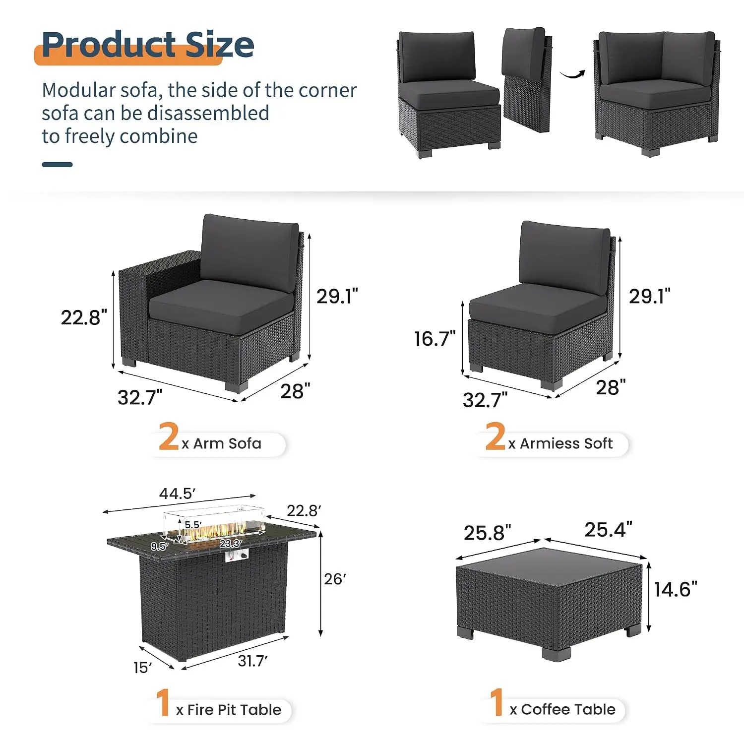 6-Piece Patio Sofa Set with 8