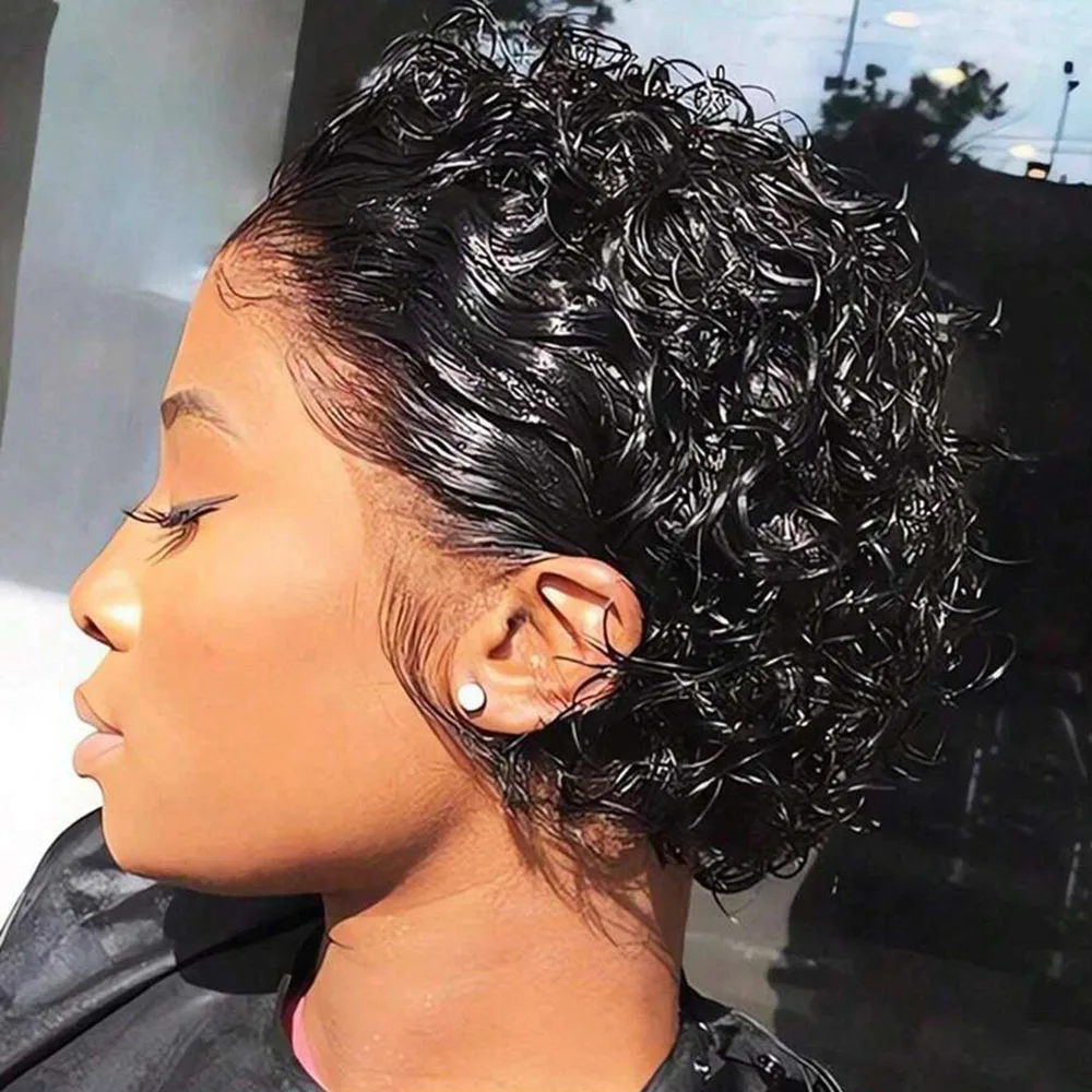 

Short Pixie Cut Wig Peruvian Water Wave Human Hair Wigs For Black Women 200% Destiny Deep Curly 13X4 Lace Front Wigs for Women