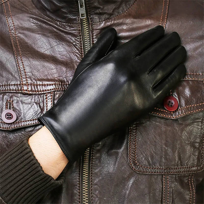 

Real Leather Men Gloves Autumn Winter Thermal Fashion Simple Basic Black Sheepskin Driving Gloves Male XC-208