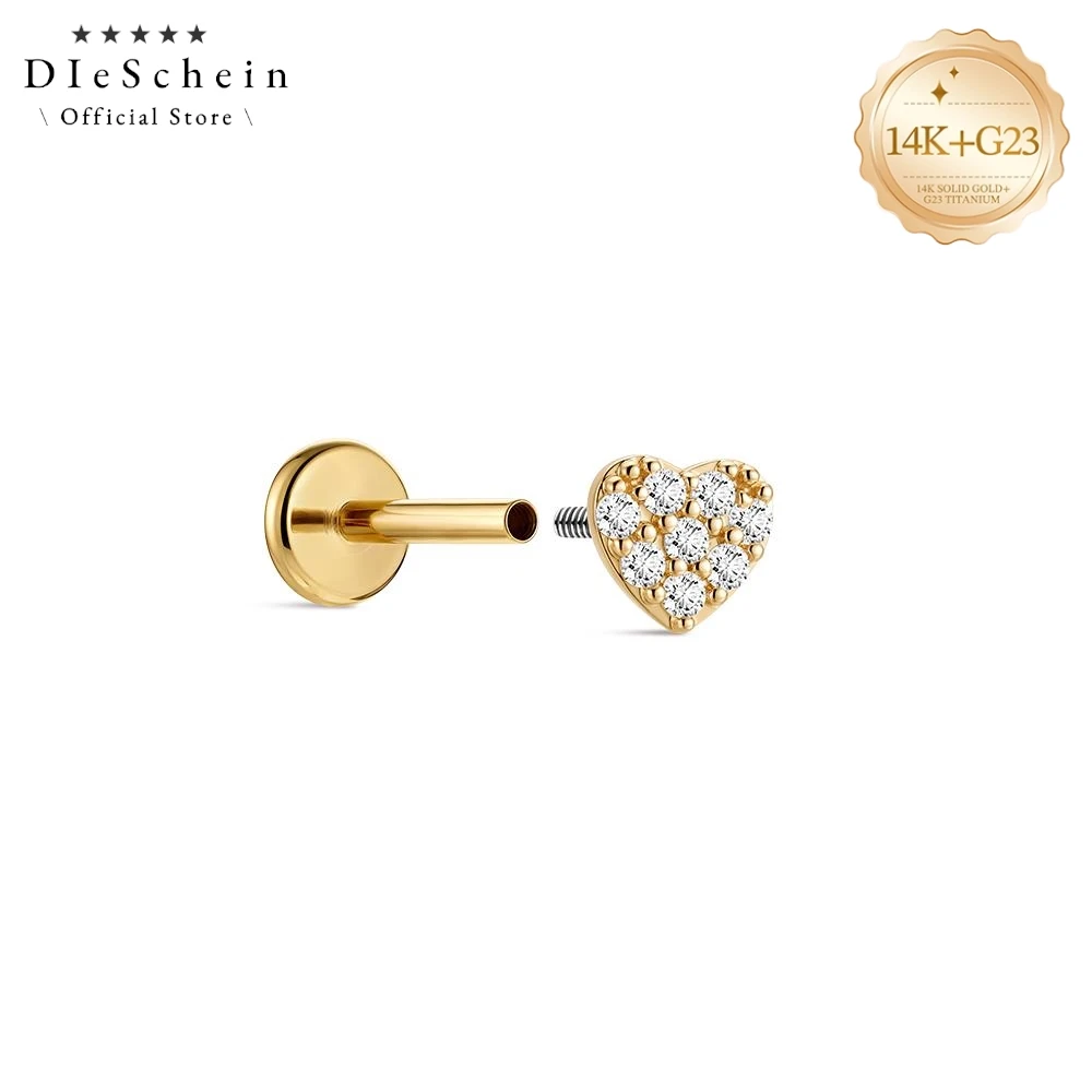 DIeSchein 14K Solid Gold Piercing Stud Women Jewelry Single Crystal Design Flat Back Stud Ear Internal Thread Helix Tragus Ear 