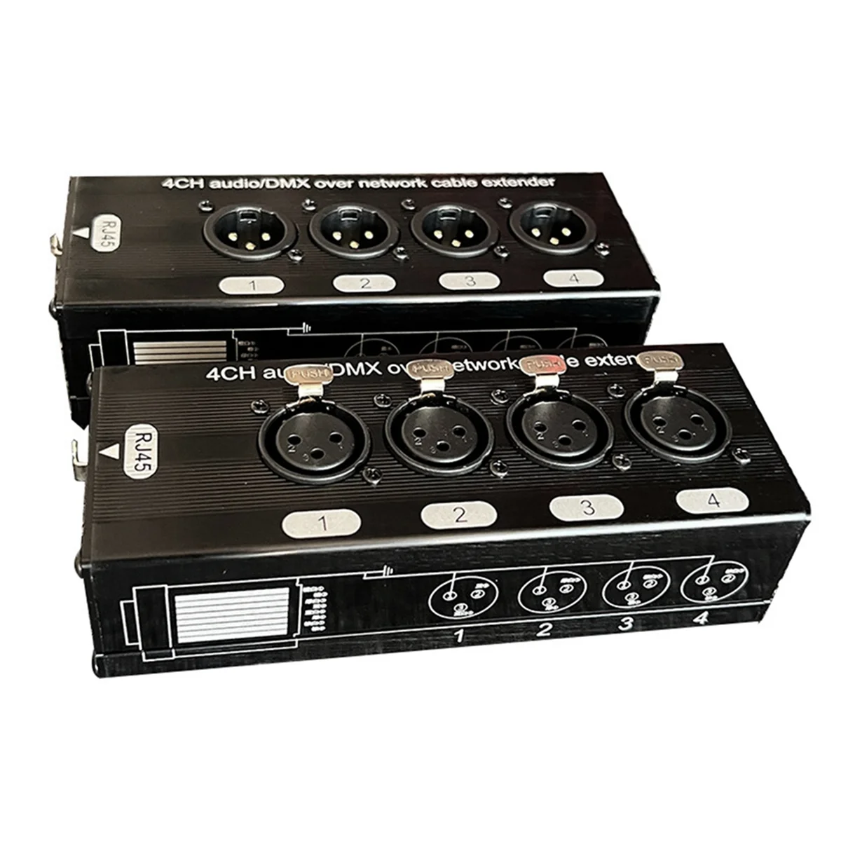 

AA98 1 Male + 1 Female 4 Channel 3 Pin XLR Audio and over Network Cable Extender DMX512 Network Signal Extender