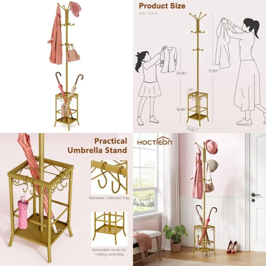 

Coat Rack Freestanding, Coat Tree with Umbrella Holder, Metal Coat Rack Stand with 12 Hooks, Standing Coat Hanger Stand, Umbrel