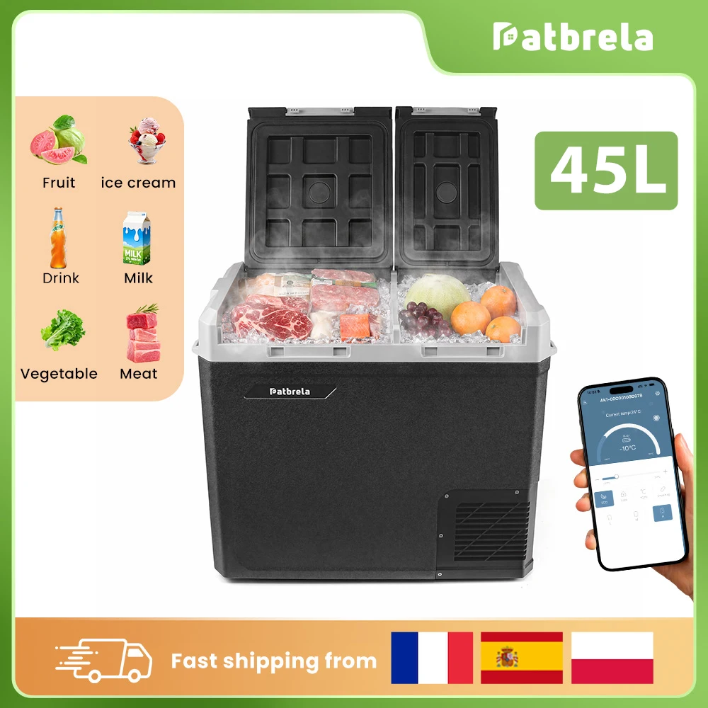 Refrigeradores y Congeladores para Automóvil de Doble Zona Patbrela de 45L, Refrigerador con Compresor de 12V/24V con Control por Aplicación, Caja Refrigeradora con Compresor para Automóvil, Camping, Uso en Exteriores y en el Hogar