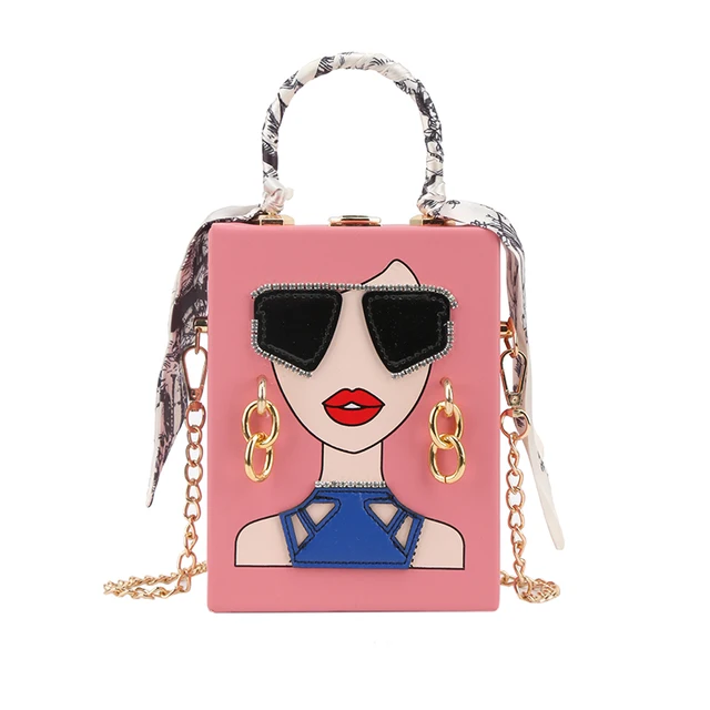 2024 New Handheld Box Dinner Bag for Women Graffiti Sunglasses Shoulder Bag Vintage Chain Crossbody Bag Cute Purses and Handbags
