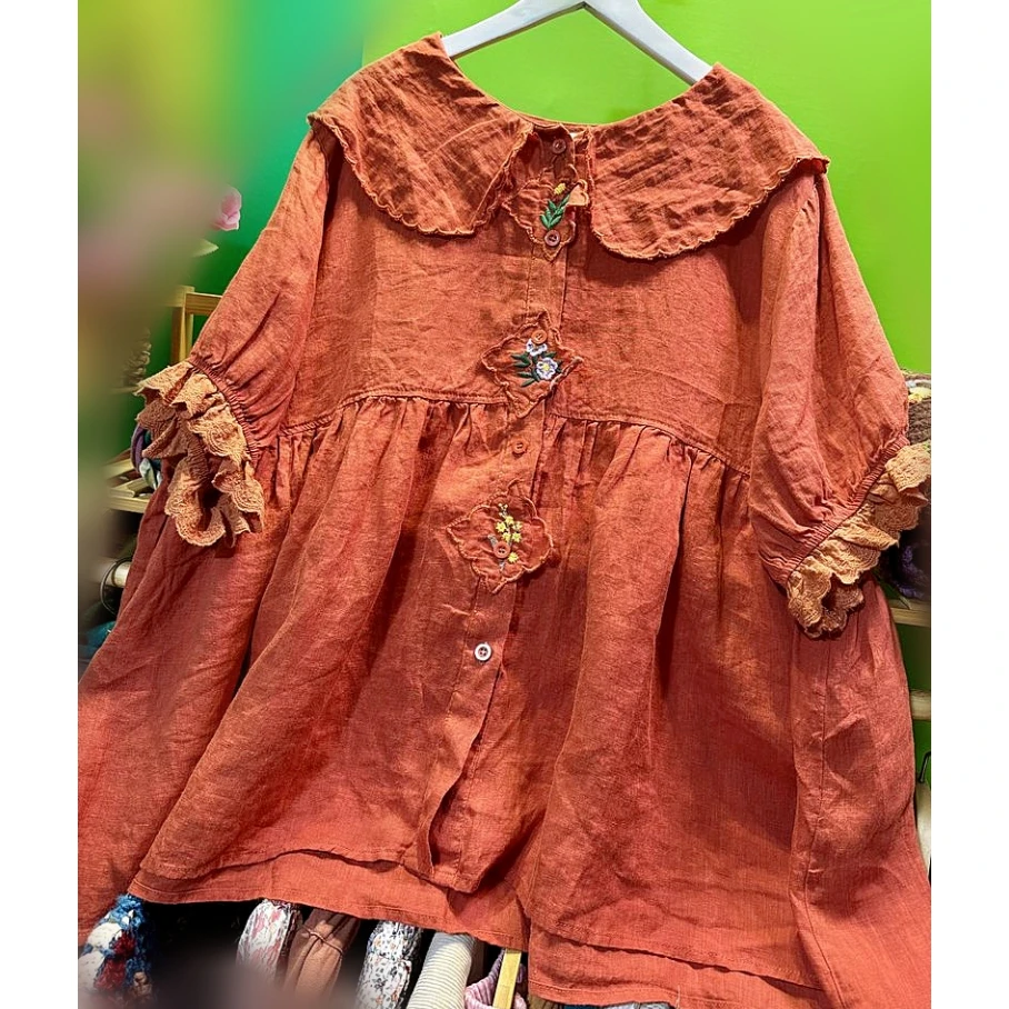 

Vintage Linen Floral Embroidery Cottagecore Babydoll Sweet Blouse Summer Retro Chic Shabby Edwardian Lolita Victorian Shirt Tops