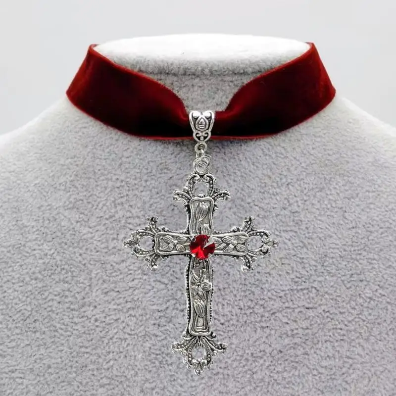 Vintage Gothic Cross Velvet Choker Engraved Cross Pendant Black Rhinestone Dark Style Women Necklace