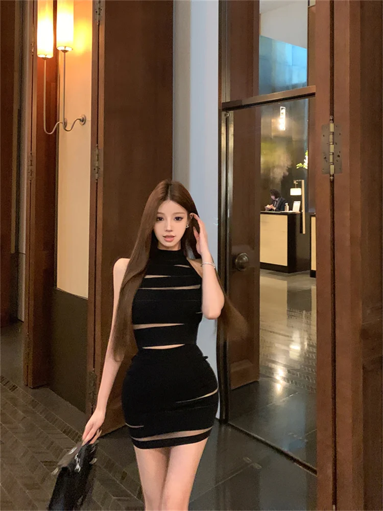 

Mesh Splicing Hollow Out Women's Matching Outfits Cropped Vest and Mini Skirt Summer Sexy Bandage Bodycon Skirt Two-piece Sets