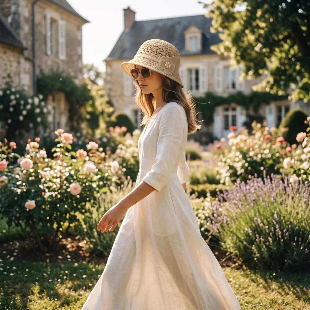 

Elegant Hollowed-Out Sun Hat Floral Decoration Short-Brimmed Style Mother Flower Bucket Hat Lightweight Adjustable Bowler Hat