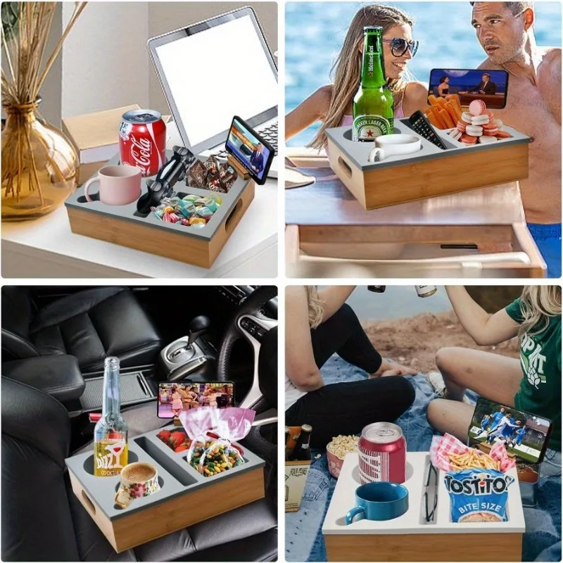 1Pc Couch Cup Holder with Sturdy Bamboo Bottom Tray and Anti-Spill Washable Silicone Liner for Eating on Couch or Bed, TV-Watching Food Snack Trays with Drinks Cup Holder TV Remote Holder (Grey)