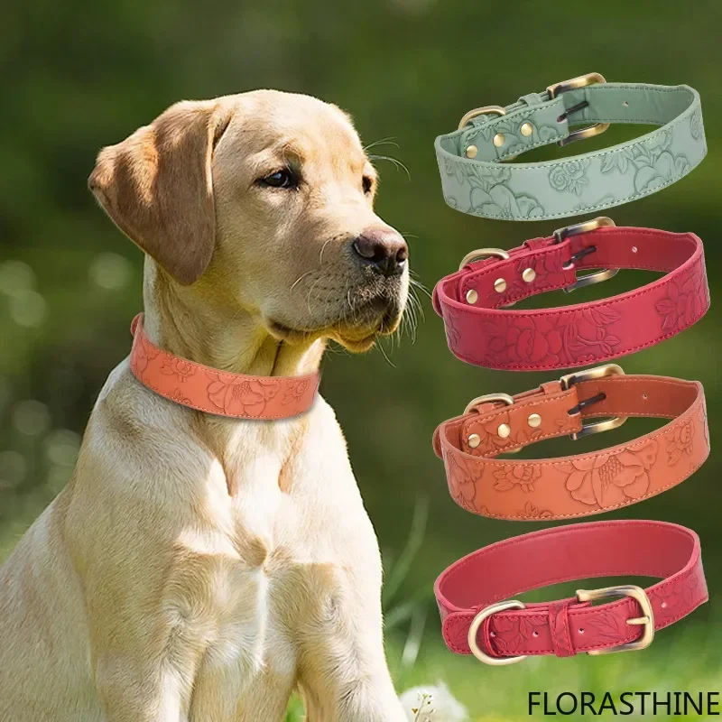 Heavy Duty Embossed Leather Dog Collar, Adjust Pet Necklace, Padded No-pull Training Collar with Soft Lining for Large Breed Dog