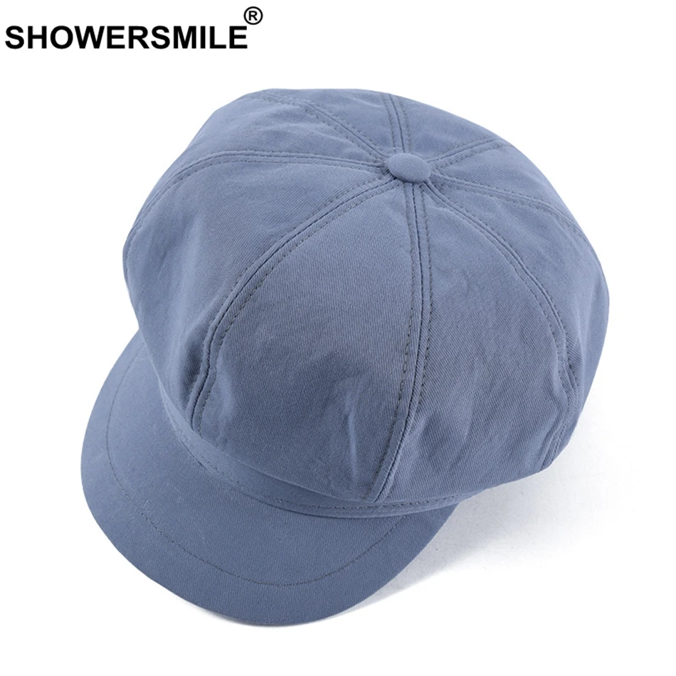 SHOWERSMILE Womens Newsboy Hats Summer Blue Painter Hat Cotton Female Octagonal Flat Cap Casual Retro Ladies Ivy Cabbie Cap 2024