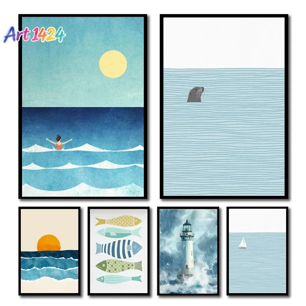 1pc Aesthetic Coastal Canvas Wall Art Seaside Beach Birds Fish House Decor Modern Ocean Waves Minimalist Print Vintage Poster