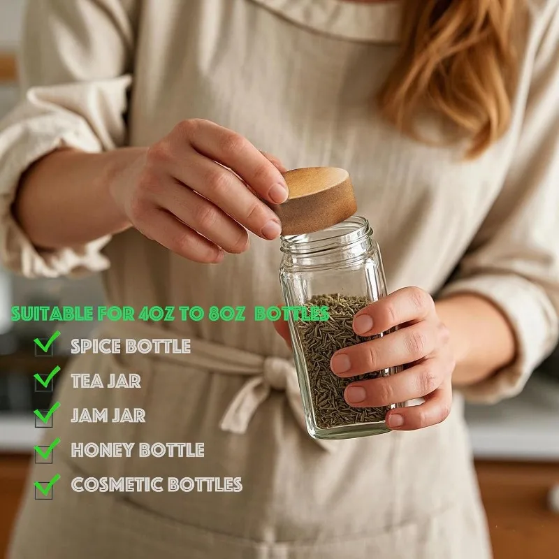 برطمانات توابل زجاجية مع ملصق مع أغطية خشب السنط، زجاجات توزيع زجاجية محكمة الغلق، زجاجات فارغة شفافة، منظم توابل