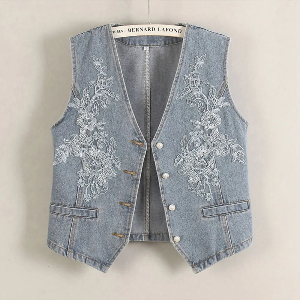 

Женский укороченный джинсовый жилет с цветочным узором и вышивкой, без рукавов, с отложным воротником, приталенный силуэт, весенняя коллекция