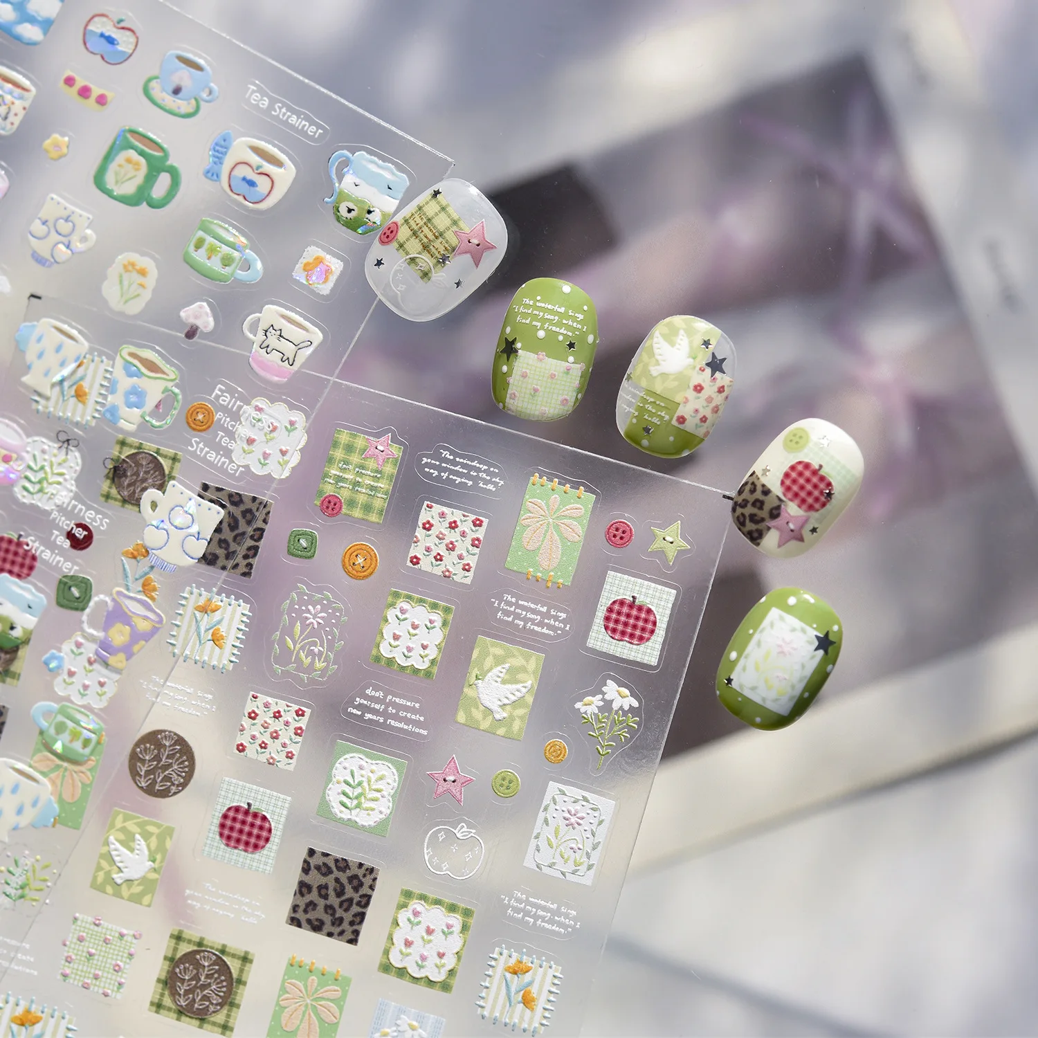 Retro Plant Floral Tulip Daisy 5D Nail Stickers Plaid Leopard Watercolor Flower Button Apple Dove Star Nail Art DIY Decor DIY