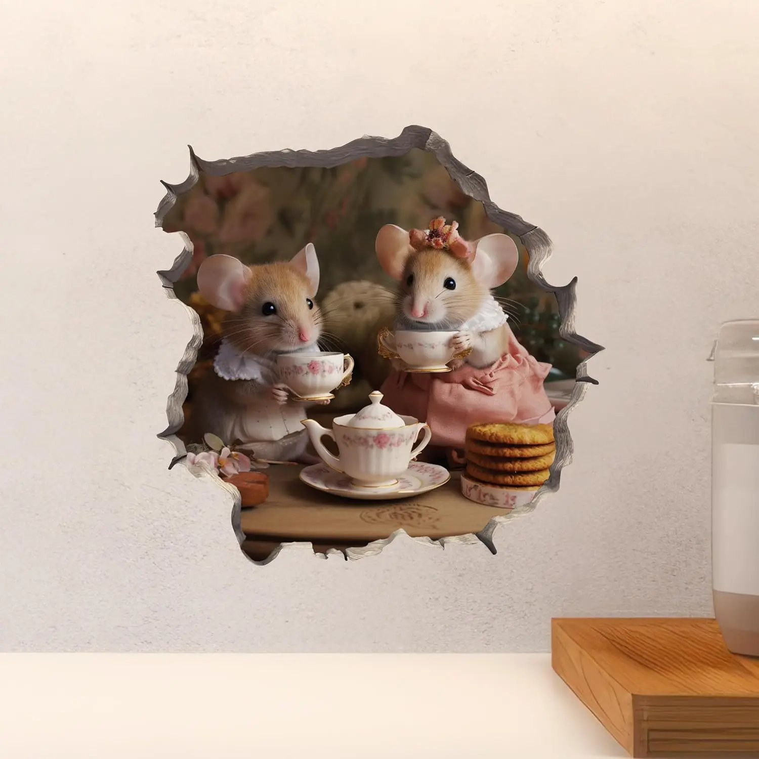 

1PC Tea Time Mice Mouse Hole Wall Decal with 3D Effect – Whimsical Removable Vinyl Sticker for Kids' Rooms & Home Decor