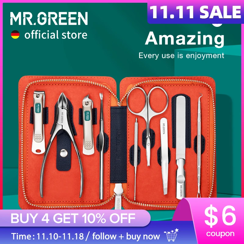 MR.GREEN Manicure Set 9 in 1 Professional Practical Kit With leather case Stainless Steel Nail Clippers Personal Care Tool