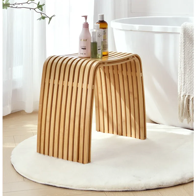 Modern Bamboo Bathroom Stool Multifunctional Hallway Ottoman Strong Makeup Chair Natural Step Stool Durable Vanity Chair