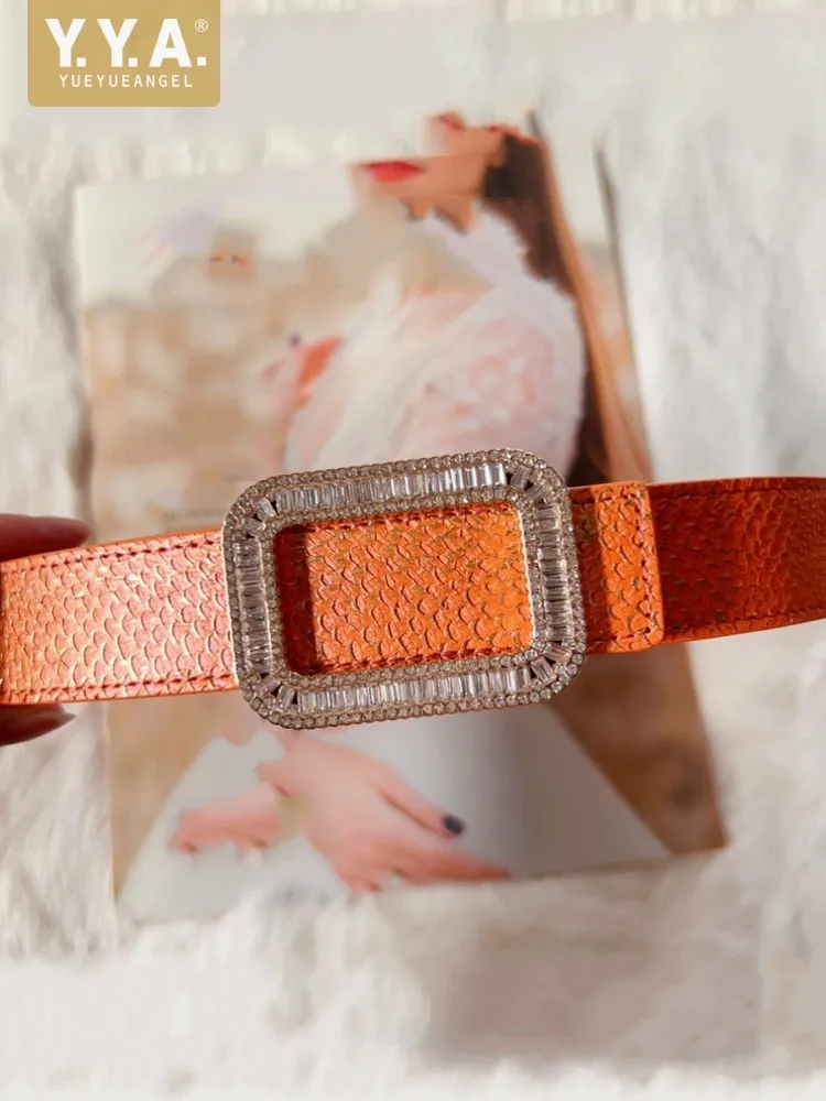 Fashion Women Design Salmon Skin Spliced Diamond Belts High Quality Genuine Leather Lady Elegant Work Accessory Casual Waistband