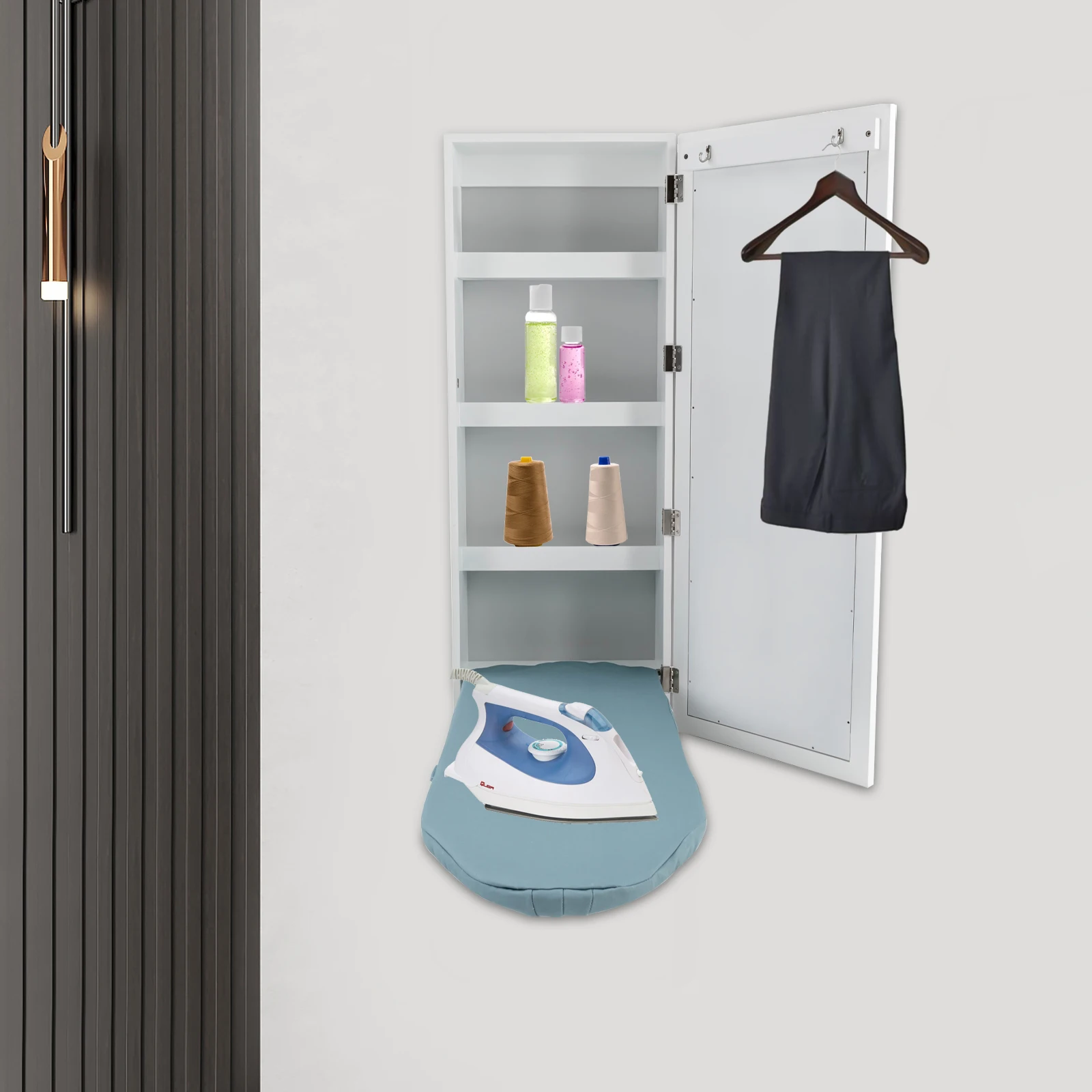 Ironing Board Wall Mount Wall Mounted Ironing Board Cabinet Foldable Hanging Mirror Door with Fold Up & Down Built