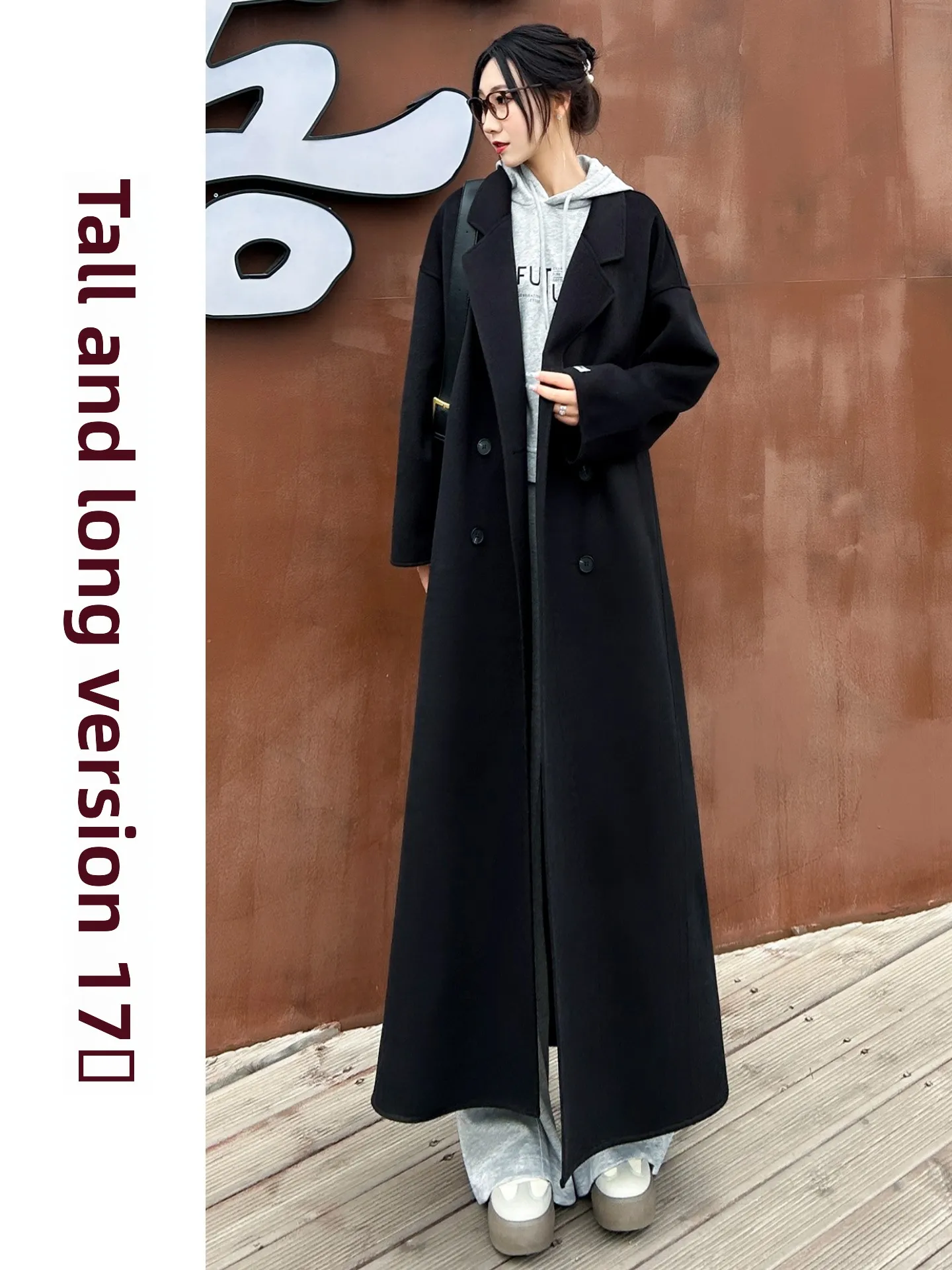 

Ele Long Double-Faced Woolen Coat Korean Sle Tall Size Extended Camere Jaet Commute Faion Button ket Design