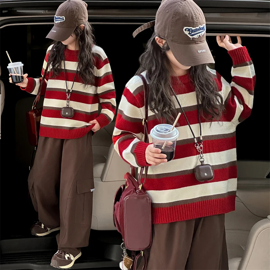 

Spring Autumn Stylish Children Fashion Red Striped Sweater for Teenage Girls Casual Knitted Clothing Kids School Knitwear Outfit