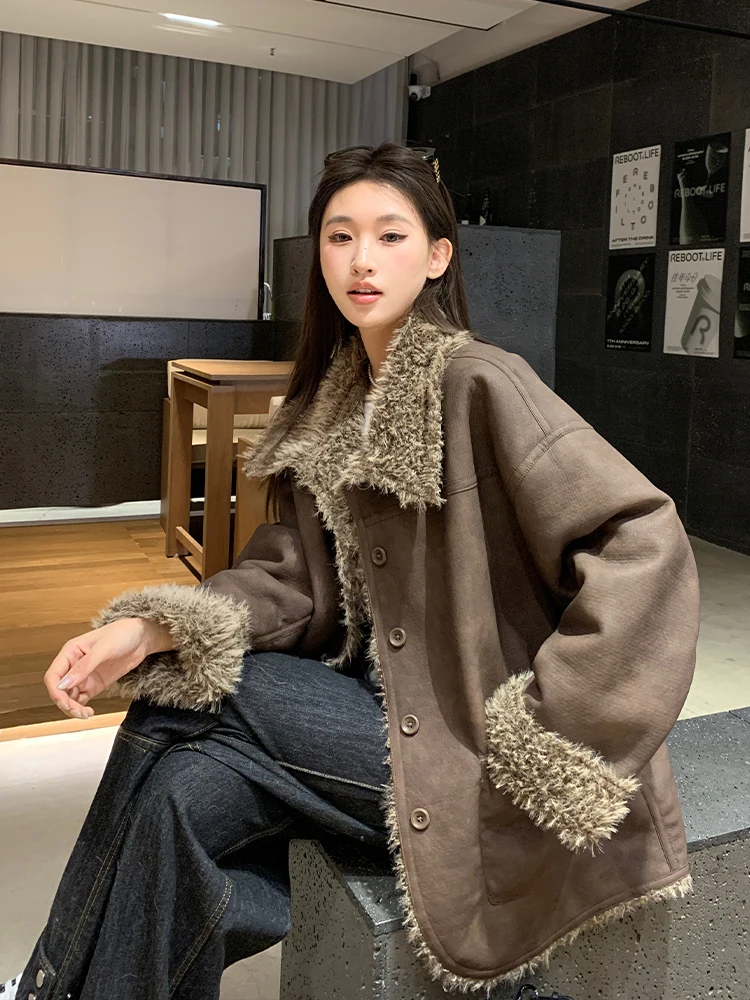 Streetwear Jacket Lamb Wool Two Sides Wear Design Pockets Draw String Coat for Women Winter Vintage Loose 2025 Clothing Wh66