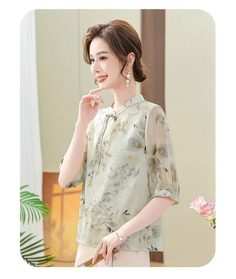 Camisa de gasa para mamá, moderna y noble, nueva moda y de manga central