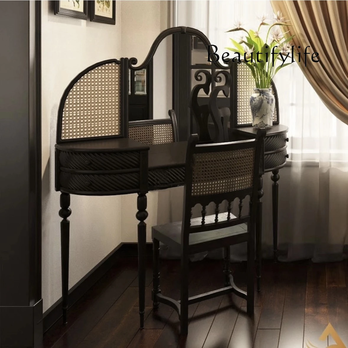 

French retro rattan solid wood dresser American multi-functional small apartment bedroom makeup table home customization