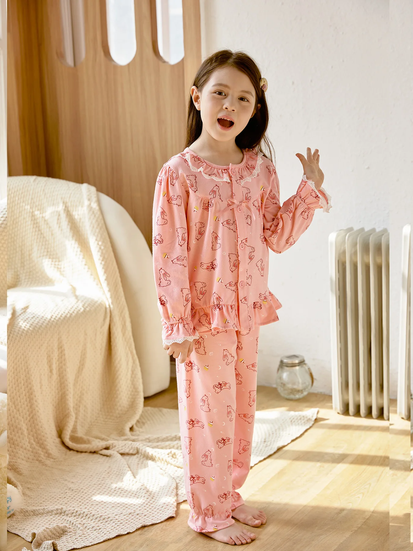 2pcs Kids Girls Cute Rabbit Shirt Long Sleeve Top + Trousers Comfortable Fashion Refreshing Bright Loungewear Set 6,692