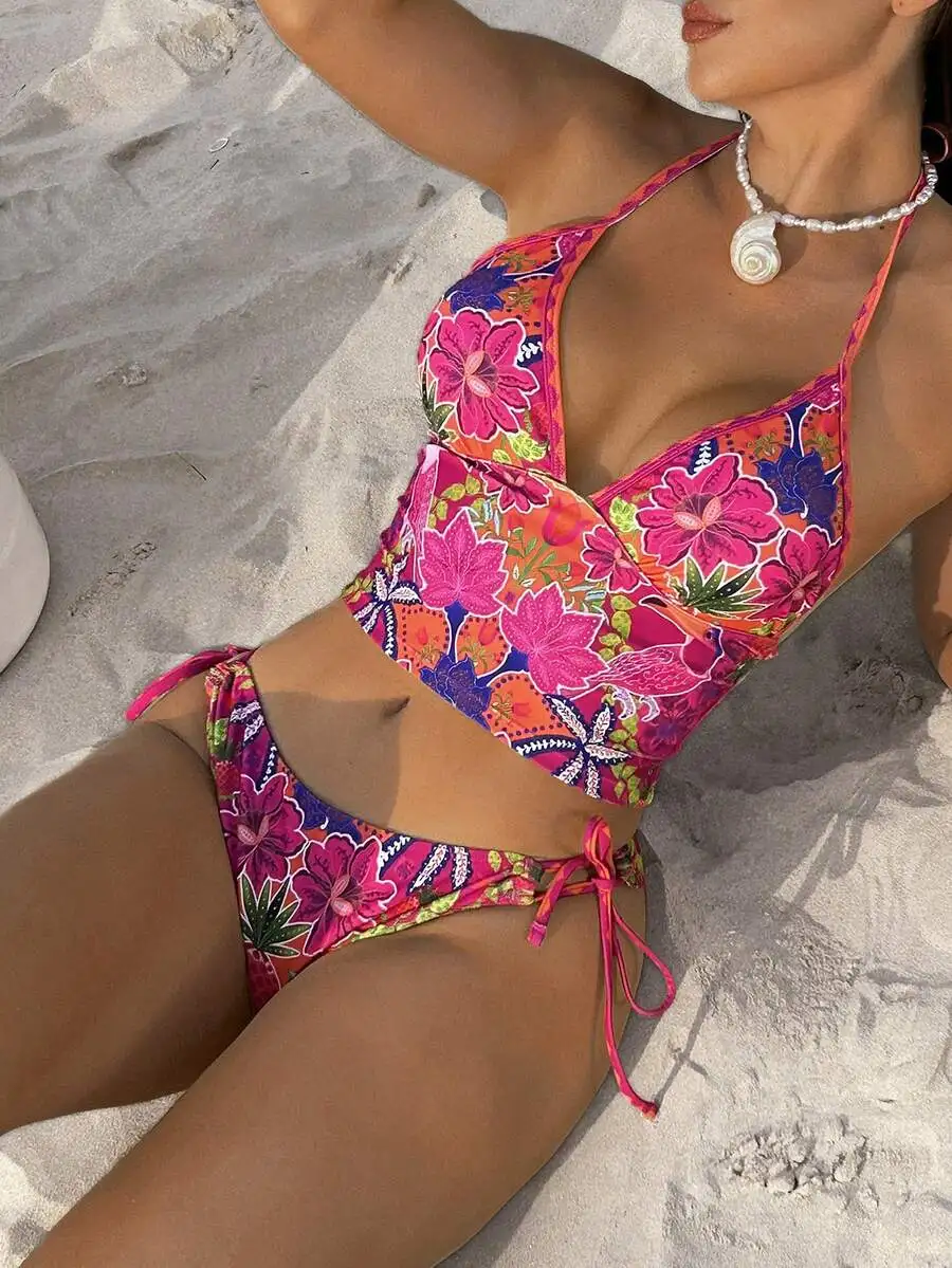 

Multicolor Floral Print Halter Neck Tankini With Tie Side Bottoms For Women