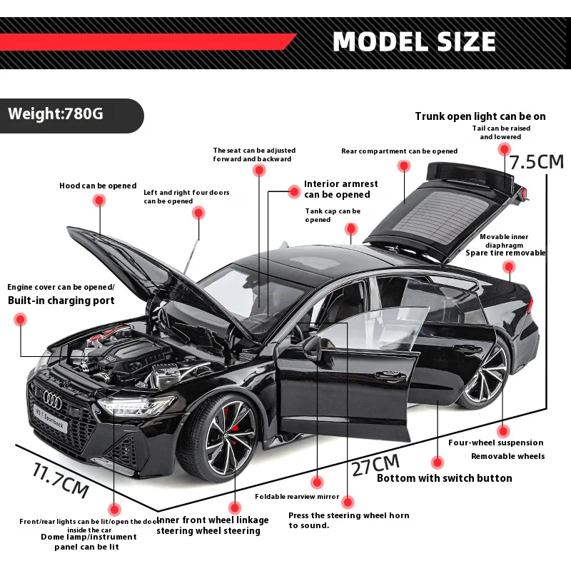إصدار مفتاح التحكم عن بعد 1/18 نموذج سيارة أودي RS7، الإطارات قابلة للإزالة، حلي قابلة للجمع للبالغين، ديكور هدايا نموذجي