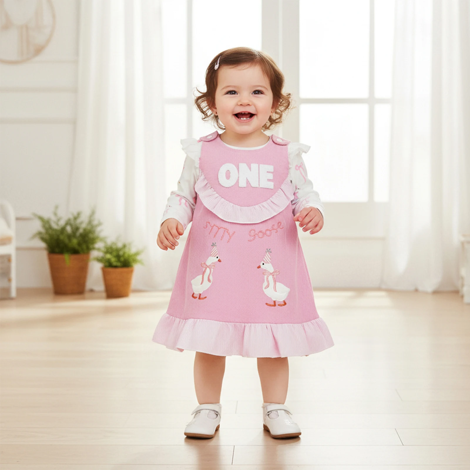 

Baby Clothing Girl Birthday Outfits Long Sleeve Bow Goose Print Romper + Overalls Dress Set Infant Clothes