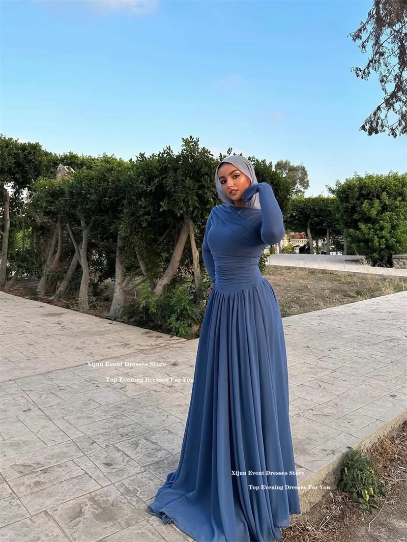 Xijun Elegant Dusty Blue Evening Dresses A-Line Chiffon Long Prom Dresses Pleated Simple Formal Prom Gowns 2026 Women Customized