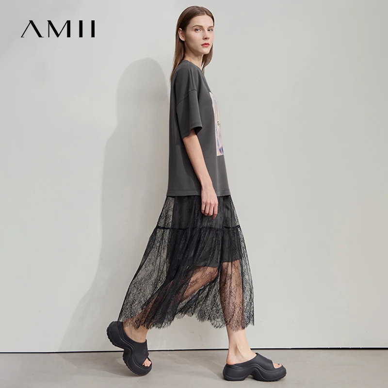 AMII プリントカジュアルサマードレス女性 2025 半袖ラウンドネックスプライシングレース Tシャツドレス女性のファッションストレート 12542199