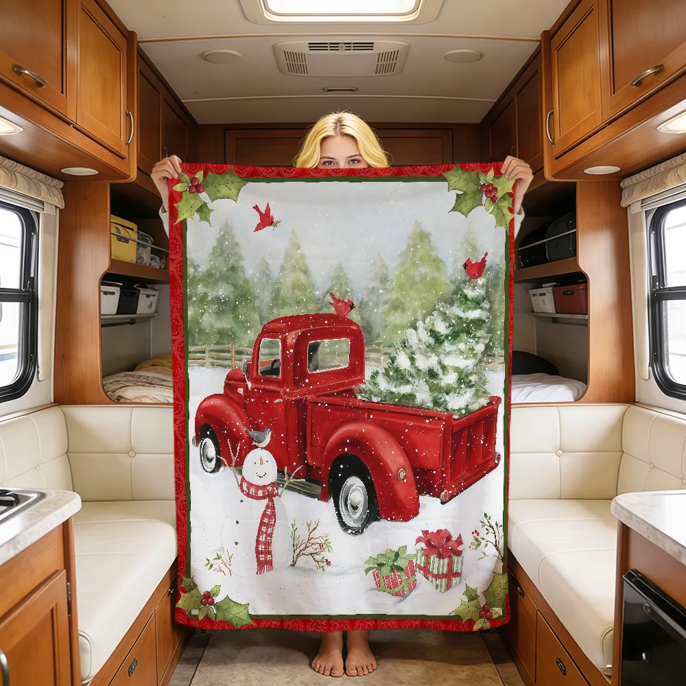 Retro Art Flower Christmas Red Truck Soft Warm Plush Blanket For Dorm Sofa Living Room Pet Hogar Bedroom Gift Nap Home Flannel