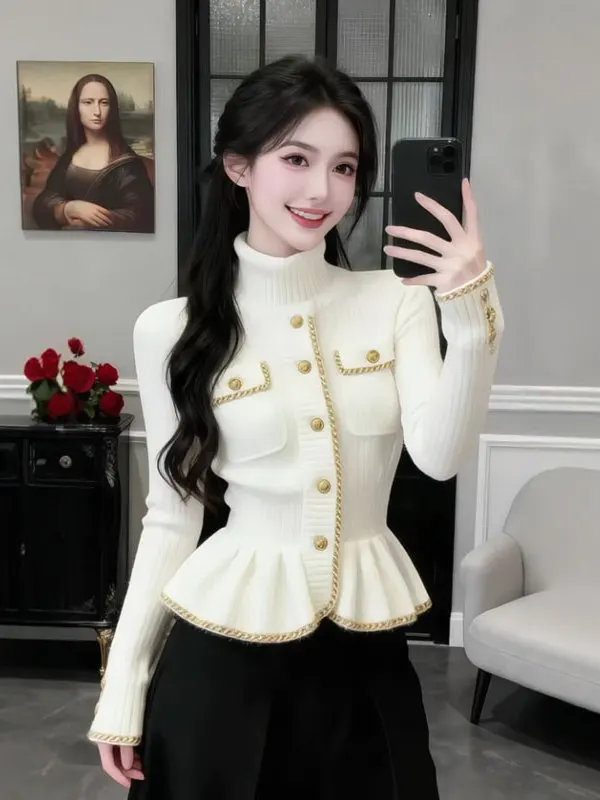 

Корейский свитер с высоким воротником, облегающий, белый, с завышенной талией, модный зимний топ для женщин, для прогулок, путешествий, бизнеса