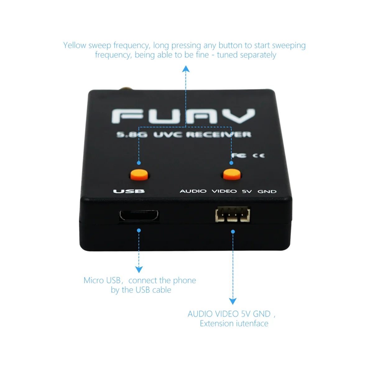 Skydroid-Controle Único Mini Receptor FPV para Android Phone, Transmissão de Vídeo, Downlink Áudio, OTG 5.8G 150CH, UVC