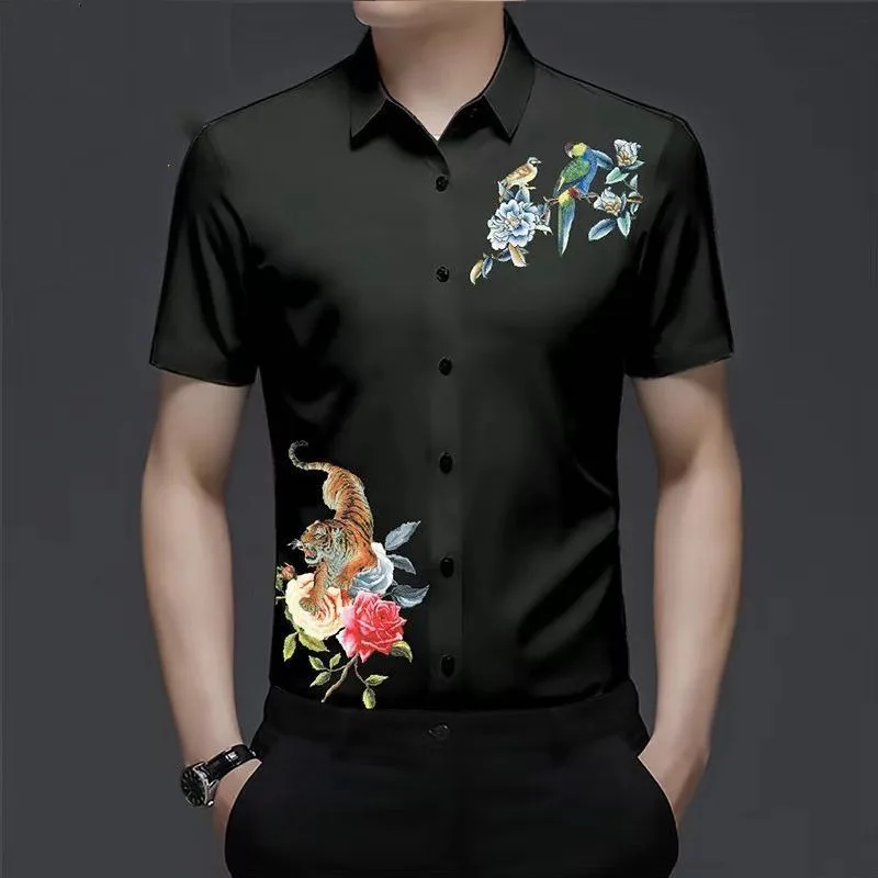 Korean Fashion Summer Men\'s Square Collar Printing Single Breasted Contrast Color Casual Versatile Short Sleeve Loose Shirt Tops