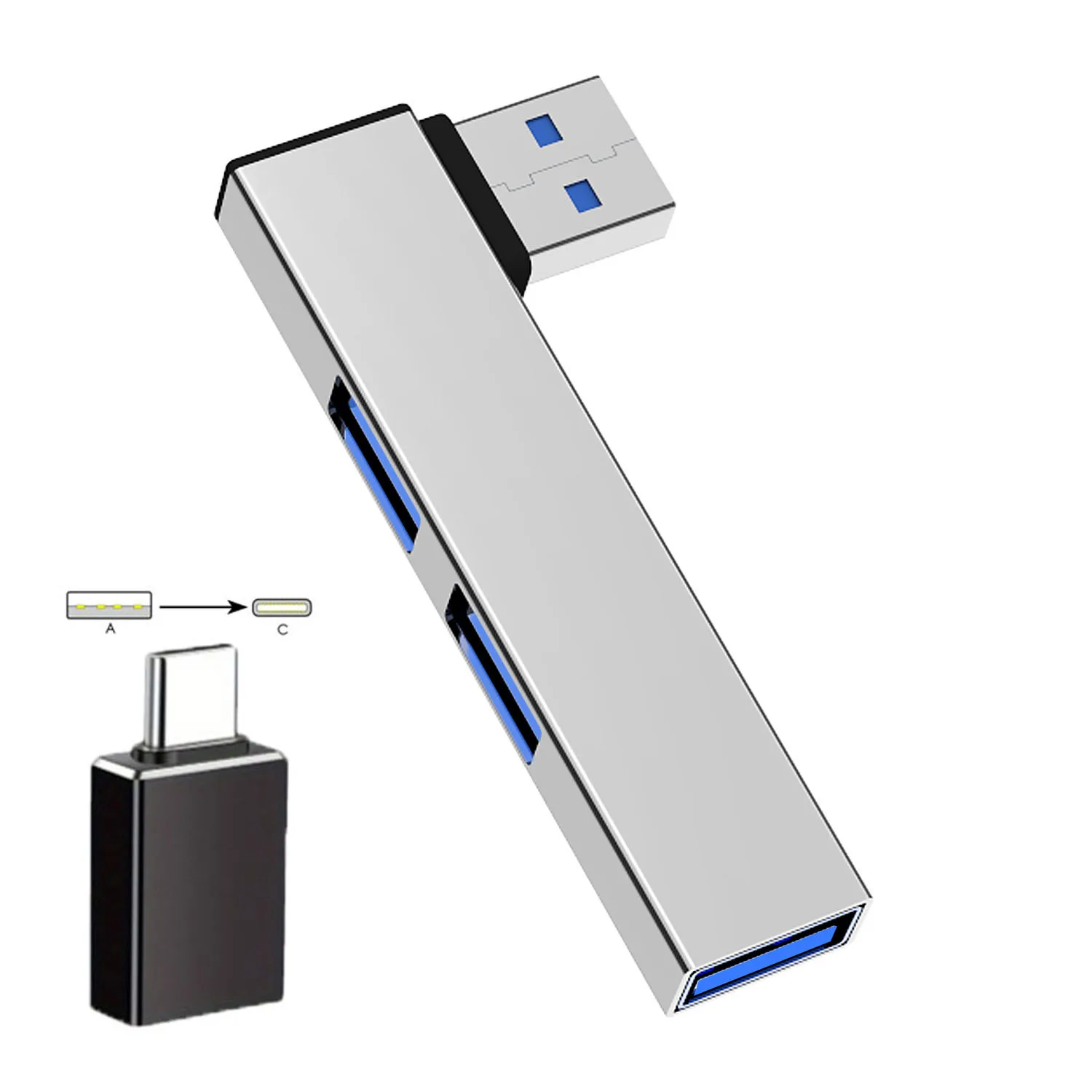 A USB-A to USB-C adapter, and a three-port USB hub  with a theoretical maximum transfer rate of 5.0 Gbps
