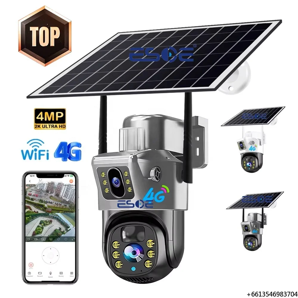 Solar Powered PTZ Surveillance Camera with Dual Lens 4MP Night Vision Wireless Outdoor WiFi 4G SIM Card IP66 Weatherproof