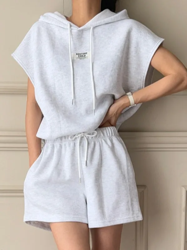 เสื้อสเวตเตอร์มีฮู้ดลำลองพร้อมเชือกผูกแบบแพทช์เวิร์คสำหรับผู้หญิง ชุดกางเกงเอวสูงสำหรับฤดูร้อน สไตล์เรียบง่ายและสง่างาม