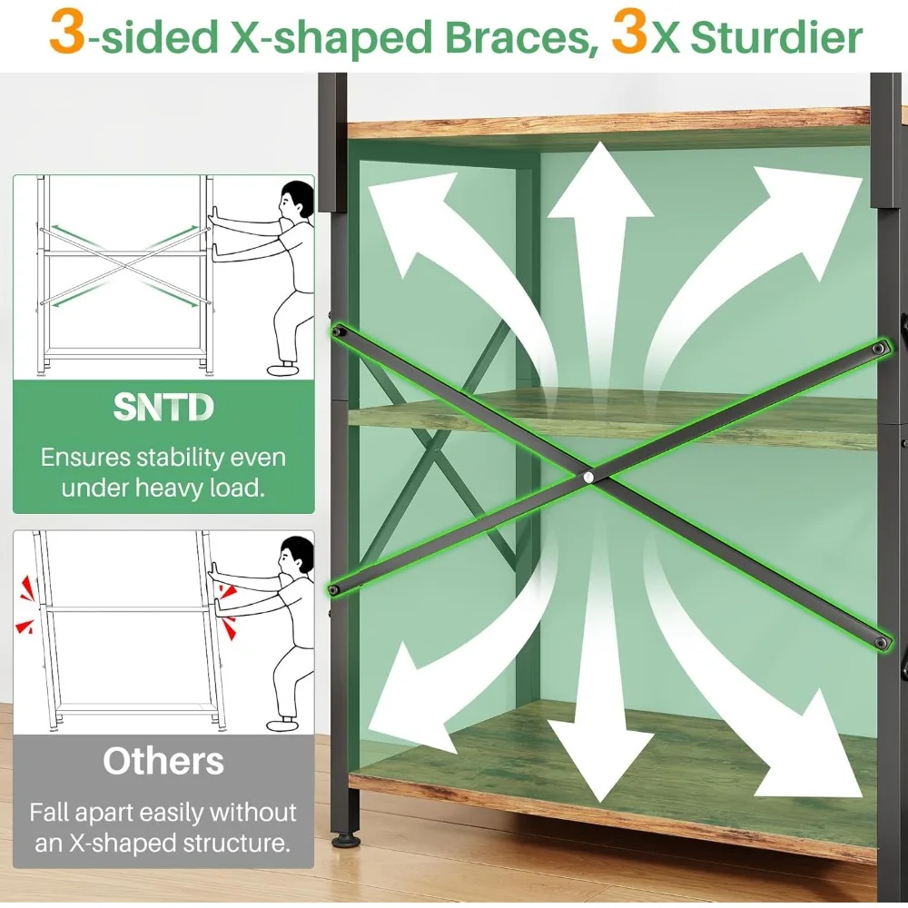 Support de boulanger avec prise de courant, étagères de cuisine, support micro-ondes avec grille métallique (marron rustique, 23,5 x 15,6 x 52,8 pouces)