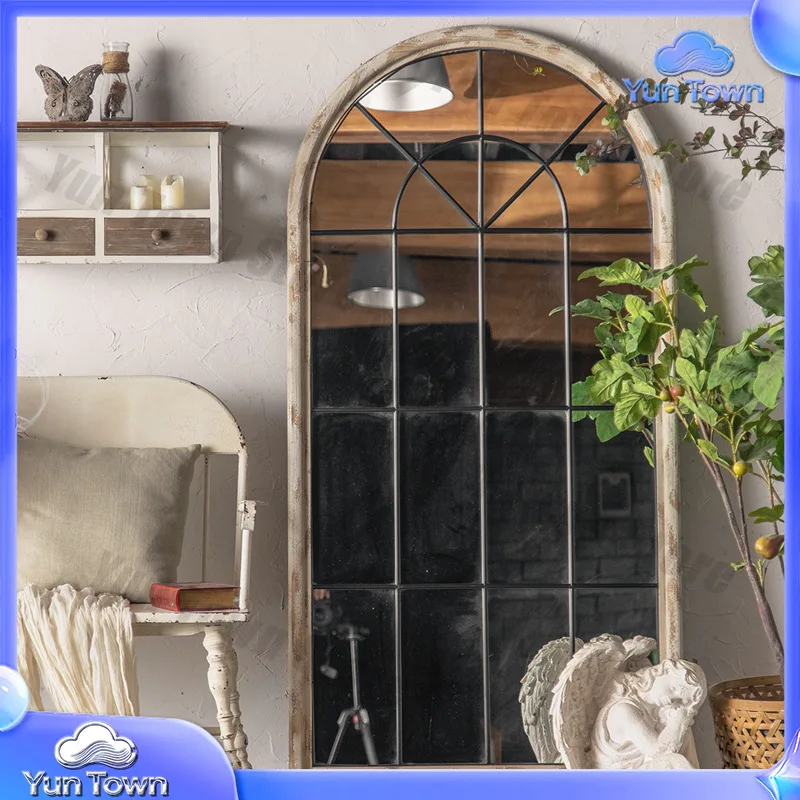 Vintage Wooden Arched Floor Mirror with Frame for Home Decor Full Length Standing Dressing Mirror for Wall Mount Clothing Try