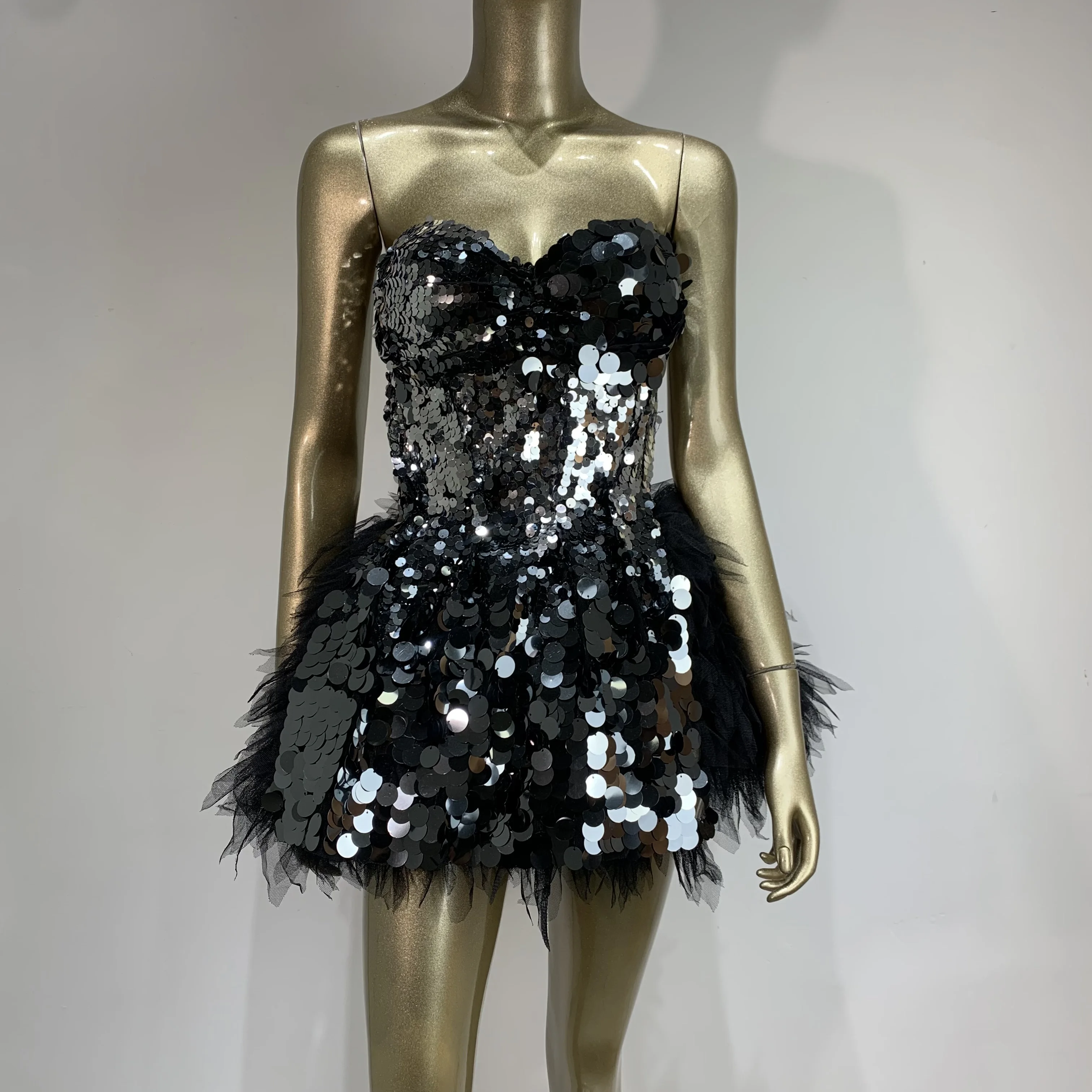 Newest 2025 Women Sexy Sparkly Sequin Strapless Two Piece Set Evening Party Birthday Nightclub Singer Dancer Stage Costume
