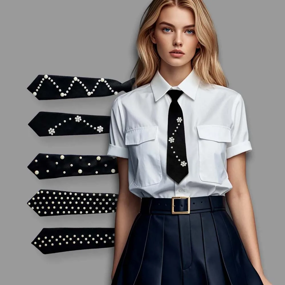 Elegant Korean Style Pearls Tie Black Choker Hand-beaded Long Necktie Tassels Necklace Decoration Shirt Tie Daily