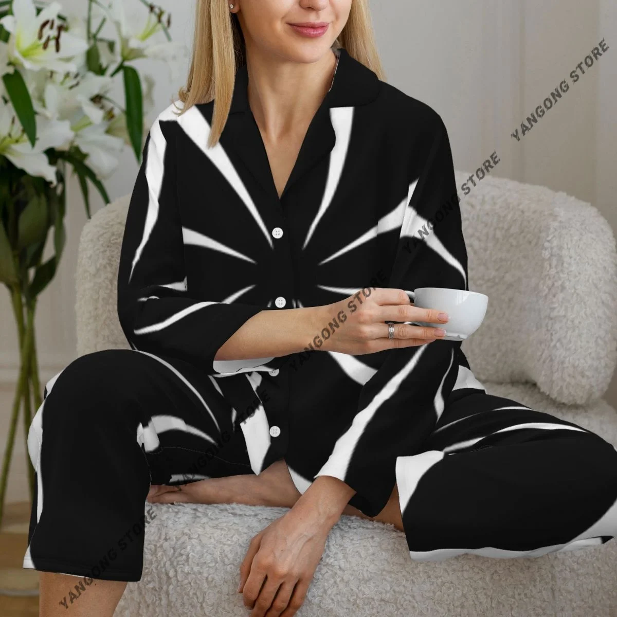 

Весенне-осенние брюки с длинными рукавами, пижамный комплект одежды для дома, абстрактный спиральный фон, женский свободный спальный костюм с выдвижным краем