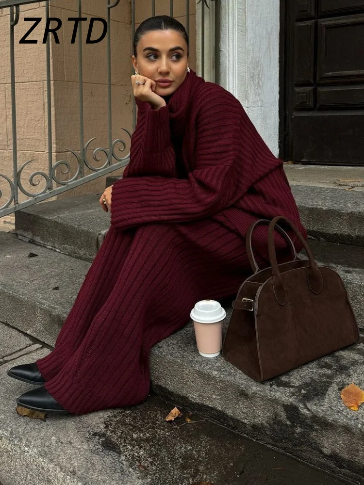 Street Women\'s Burgundy Sweater Pant Set With Scarf Knit Ribbed V-neck Pullover Wide Leg Trouser 2024 Autumn Lady Elegant Outfit