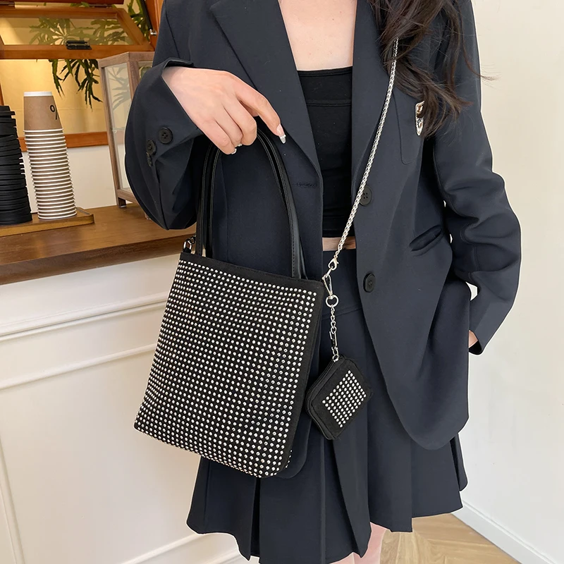 

Корейский стиль, популярная яркая сумка через плечо с бриллиантами, новинка лета 202, модная модная сумка-ведро большой вместимости с бриллиантами